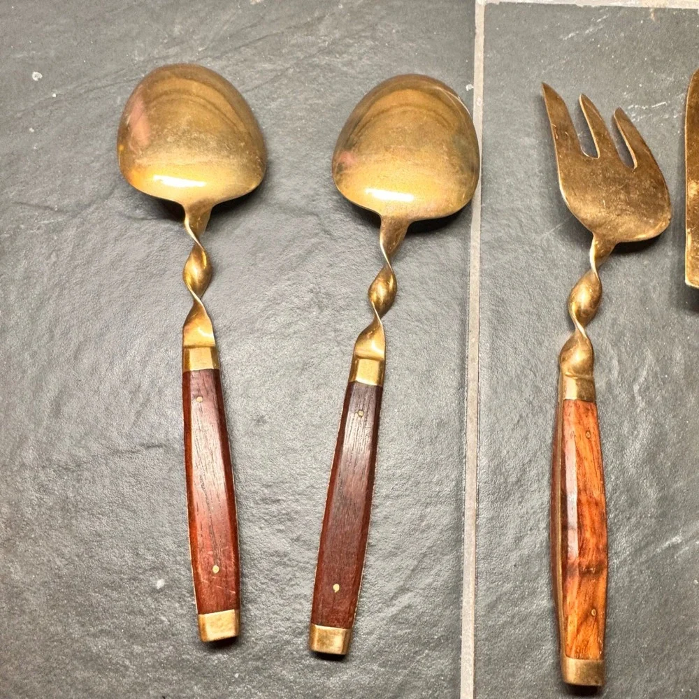 Vintage MCM Luxury Gold Tone Cutlery Rosewood Handles Serving Utensils 29pc‎ Set